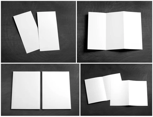 Folheto de papel dobrável branco em branco em um quadro preto — Fotografia de Stock