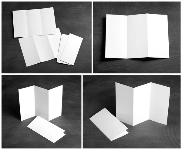 Folheto de papel dobrável branco em branco em um quadro preto — Fotografia de Stock
