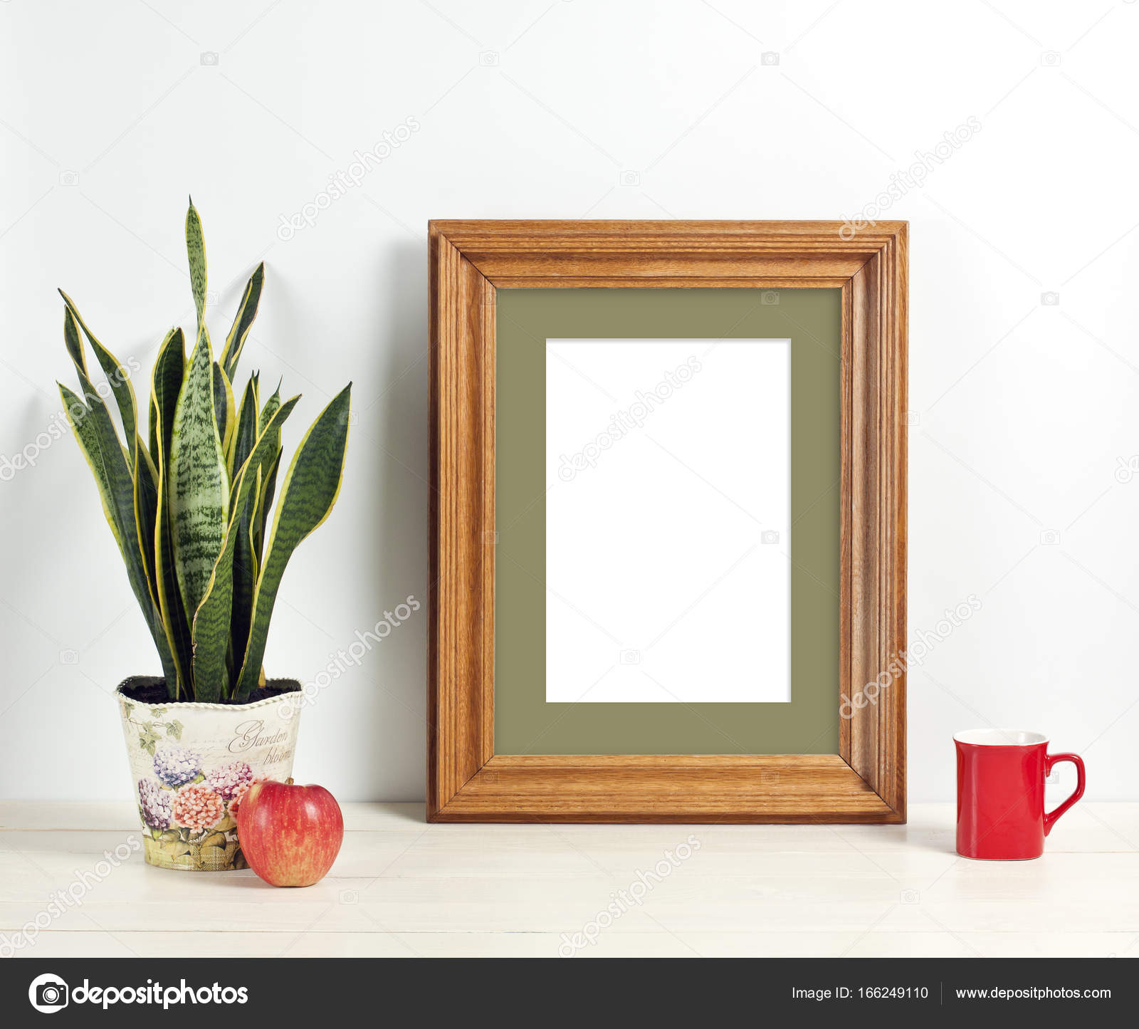 Download Brown Frame Mockup With Plant Pot Mug And Apple On Wooden Shelf Stock Photo C Fontgraf 166249110 PSD Mockup Templates