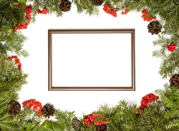 Noel çerçevesiyle herdem yeşil çam ağacı, koniler, holly berry ve fotoğraf ve metin için çerçeve.