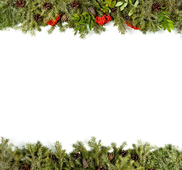 Vánoční pozadí s dekoracemi, holly berry, šišky izolace membrána tvoří — Stock fotografie