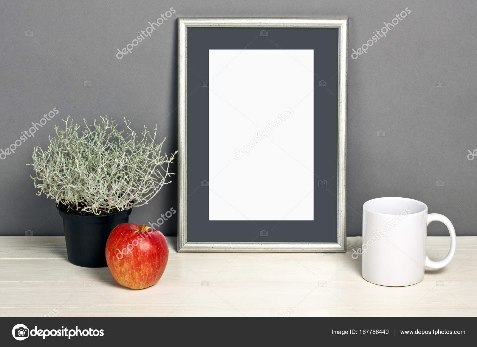 Download Frame Mockup With Plant Pot Mug And Apple On Wooden Shelf Stock Photo C Fontgraf 167786440 PSD Mockup Templates