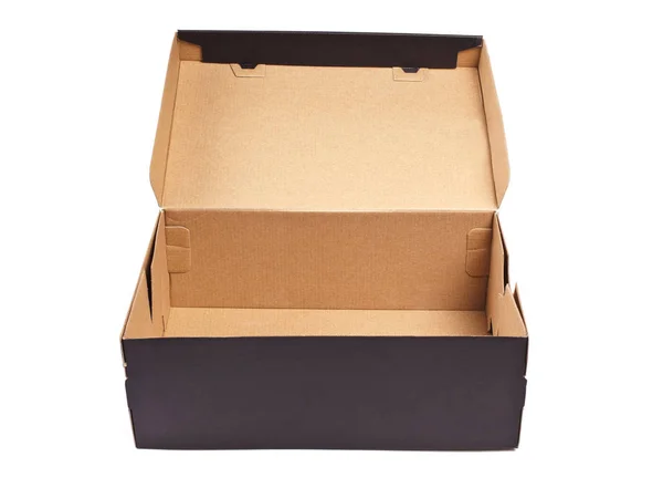 Otevřené černé kartonové krabice s víkem, izolované na bílém pozadí. — Stock fotografie