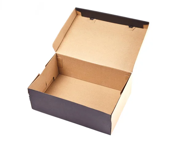 Open zwarte kartonnen doos met deksel geïsoleerd op witte achtergrond. — Stockfoto
