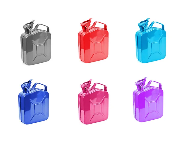 Coleção de jerrycan multicolorido no fundo branco — Fotografia de Stock