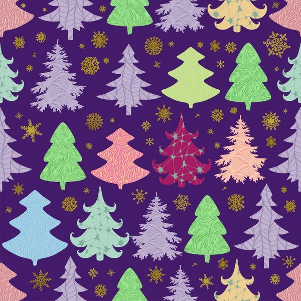 Seamless Christmas vector pattern with colorful fir-trees and sn — Stock Vector