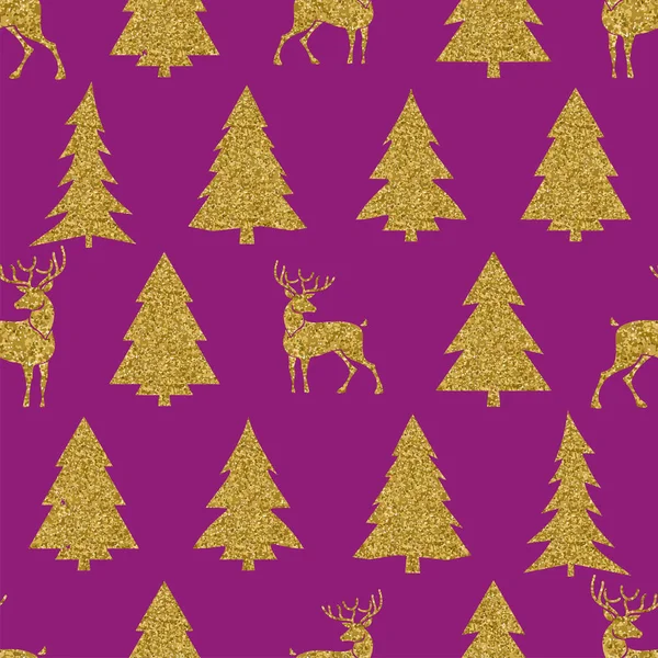 Seamless Christmas vector pattern with golden fir-trees and deer — Stock Vector