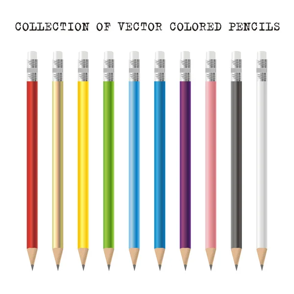 Συλλογή από χρωματιστά μολύβια με γόμες, εικονογράφηση διάνυσμα. — Διανυσματικό Αρχείο