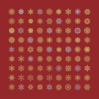 Kar taneleri satır simgeler kırmızı zemin üzerine set