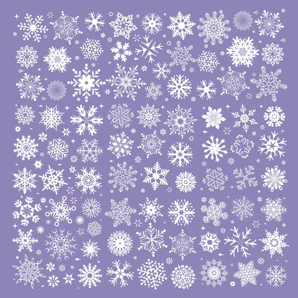 Συλλογή λευκά νιφάδες χιονιού που απομονώνονται σε μοβ φόντο — Διανυσματικό Αρχείο