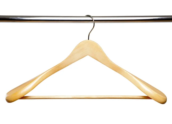 Wooden clothes hanger on metal crossbar isolated over white. — Stock Photo, Image