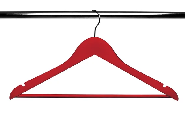 Red Wooden clothes hanger on metal crossbar isolated over white. — Stock Photo, Image