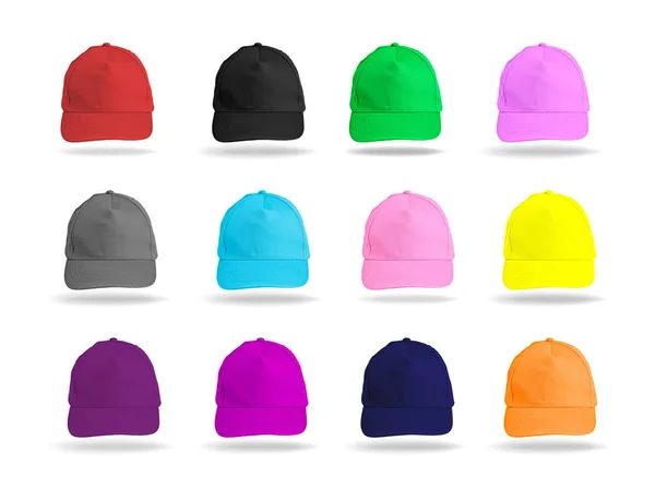 Set di cappelli da baseball colorati su sfondo bianco . — Foto Stock