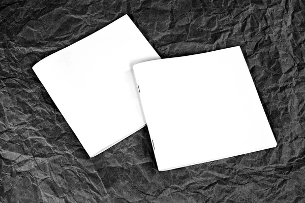 Folletos cerrados en blanco sobre un fondo de papel arrugado gris . —  Fotos de Stock