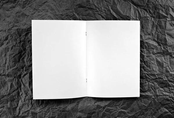 Brochura em branco aberta em um fundo de papel enrugado cinza . — Fotografia de Stock