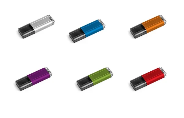 Conjunto de multi colorido usb flash drive no fundo branco . — Fotografia de Stock