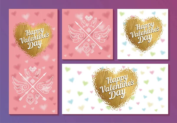 Conjunto de tarjetas de San Valentín con corazones y flechas — Vector de stock