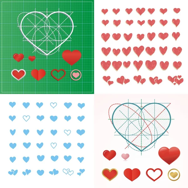 Conjunto vetorial de corações coloridos em diferentes formas e estilos . — Vetor de Stock