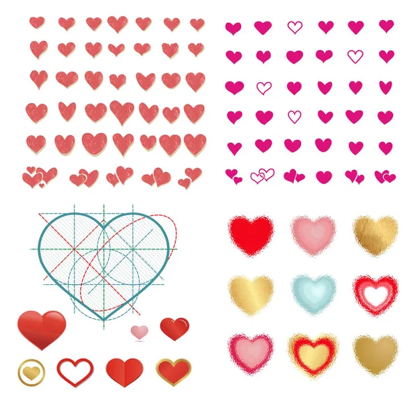 Vector set of colored hearts in different shapes and styles. — Stock Vector