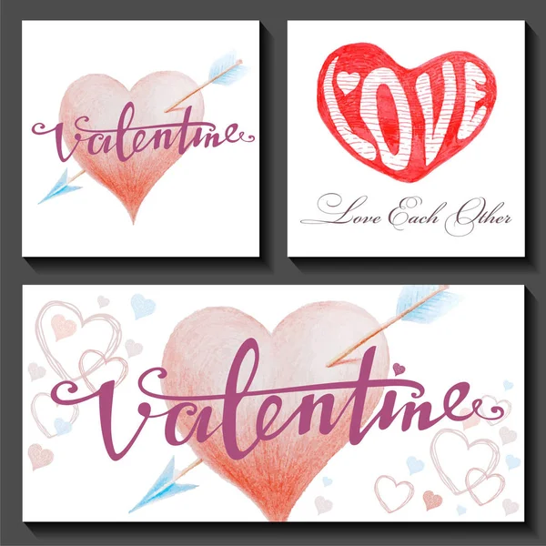 Conjunto de tarjetas de San Valentín con corazones y flechas — Vector de stock