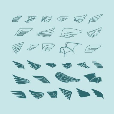 Kanatlar. Bir dizi tasarım elemanı. Vektör illüstrasyonu.