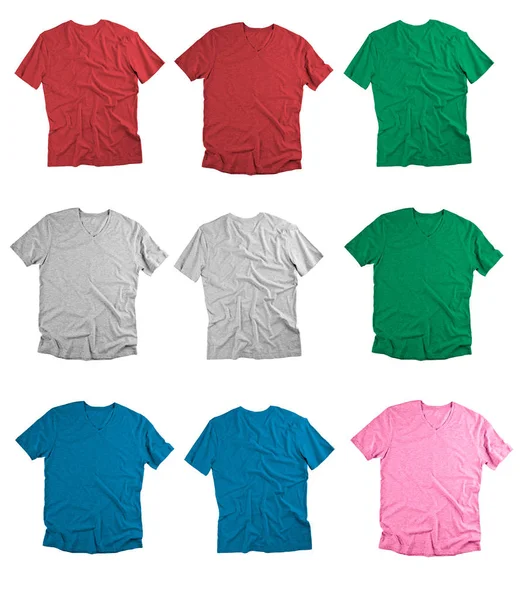 Främre och bakre vy av färgade t-shirts på vit bakgrund. — Stockfoto