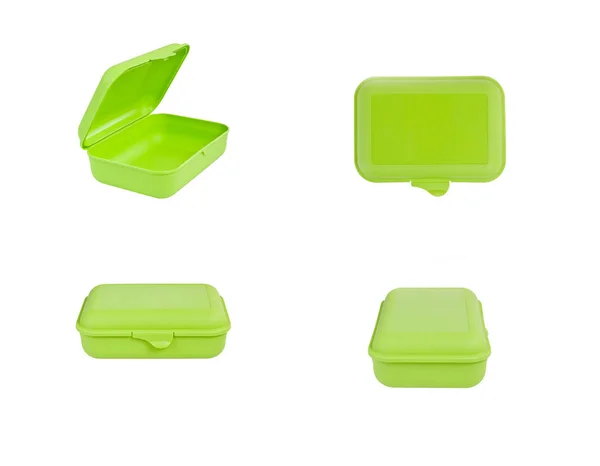 Пакет зеленої пластикової коробки ізольований на білому тлі. Передній, верхній, вигляд збоку . — стокове фото