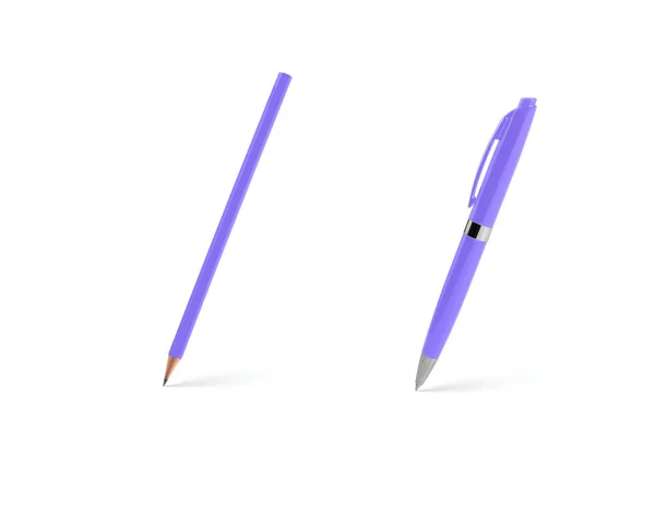 Фиолетовая пластиковая шариковая ручка и карандаш на белом фоне . — стоковое фото