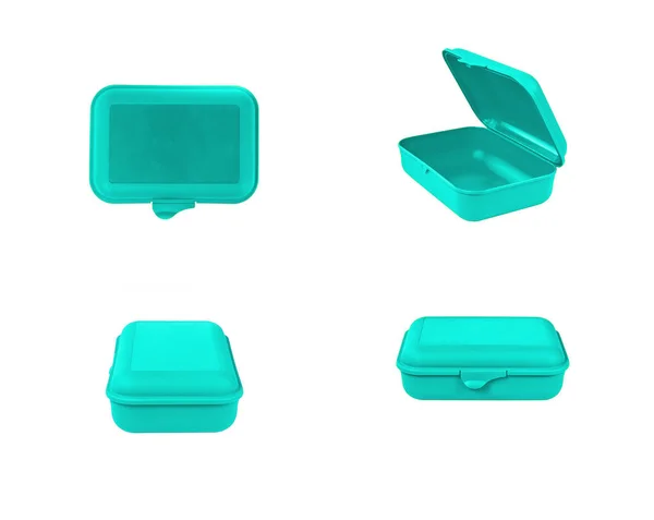 Groene plastic doos pakket geïsoleerd op een witte achtergrond. Voorkant, bovenste, zijaanzicht. — Stockfoto