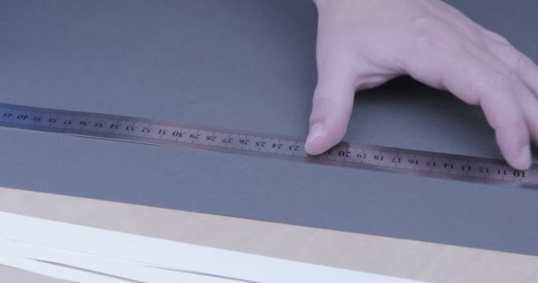 Paper Being Cut Razor Blade Ruler Close — Stock Video