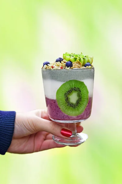 Glass with decorative healthy breakfast — Stock Photo, Image