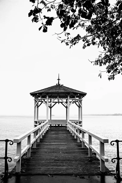 Jetée solitaire à la constance du lac, noir et blanc — Photo