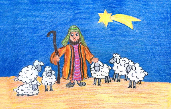 Kerst scene - herder met schapen en gouden ster op lucht — Stockfoto