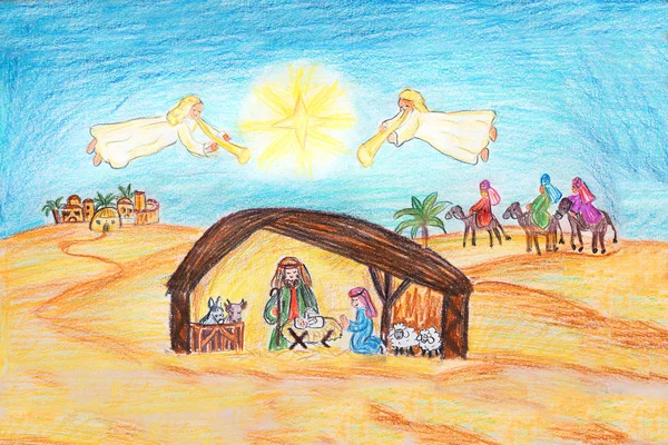 Elle çizilmiş Noel doğum sahnesi Kutsal Aile ve melekler — Stok fotoğraf