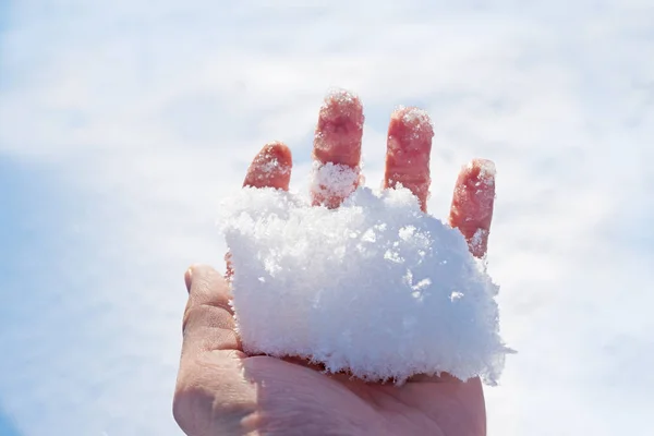 Kvinnlig hand med bara fingrar håller en handfull nysnö — Stockfoto