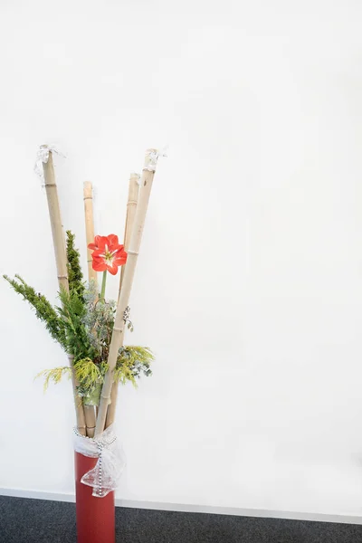 Decoración de la habitación con caña de bambú, amarilis y ramas verdes — Foto de Stock