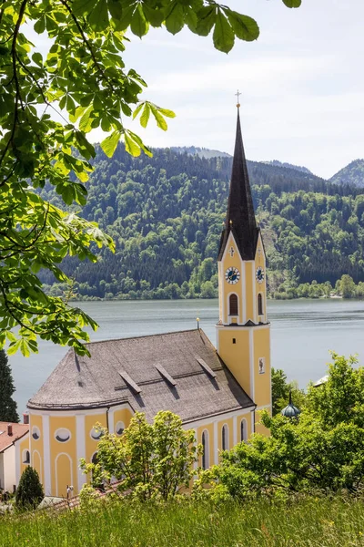 Saint Sixtus church Schliersee, chestnut branches, spring landsc — Stock Photo, Image