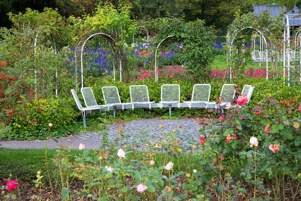 Cosy seating arrangement inmidst blooming rose garden, Westpark — Stock Photo, Image