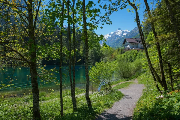 Idyllic walkway from oberstdorf to lake Christlessee, allgau alp — Stock Photo, Image