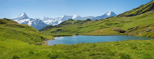 Panorama landscape idyllic alpine lake Bachalpsee, tourist desti — Stock Photo, Image