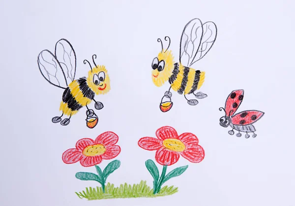 Deux jolies abeilles, ramassant du miel de fleurs rouges. dessin pour enfants — Photo