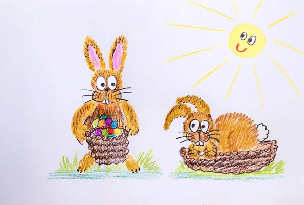 Two cute easter bunnies with egg basket, childrens drawing — Stock Photo, Image