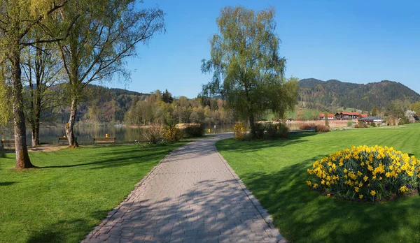 Idylliczny Ogród Spa Schliersee Wiosną Chodnik Parku Łóżko Kwitnących Kwiatów — Zdjęcie stockowe