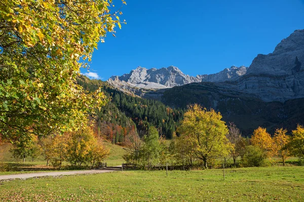 Prachtig Herfstlandschap Karwendeldal Met Esdoorn Uitzicht Bergen Tirol Oostenrijk Blauwe — Stockfoto