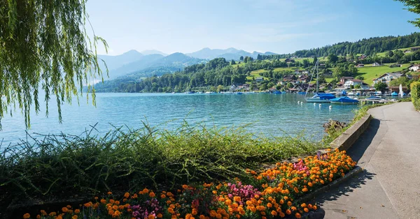 カラフルな花壇を持つ絵の湖畔の遊歩道 チューナー湖への眺め 観光リゾートでの帆船フォーレンゼー港とスイスのアルプス — ストック写真