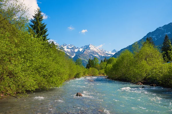 Idylliska Våren Landskap Allgau Alperna Floden Stillach Och Dal Berg — Stockfoto