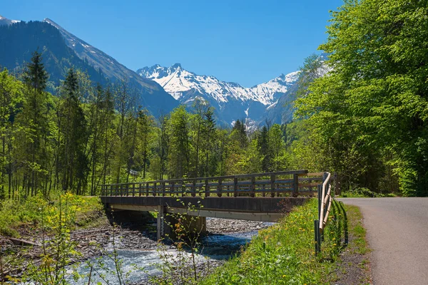 Idylliska Våren Landskap Allgau Alperna Floden Trettach Och Dal Berg — Stockfoto