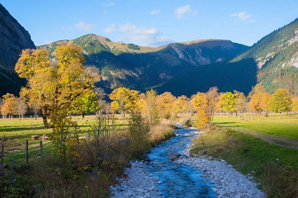 Wunderschöne Herbstliche Landschaft Karwendeltal Mit Kleinem Bach Und Goldenen Ahornbäumen — Stockfoto