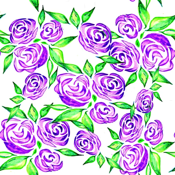 水彩画紫色玫瑰无缝印花图案 — 图库照片