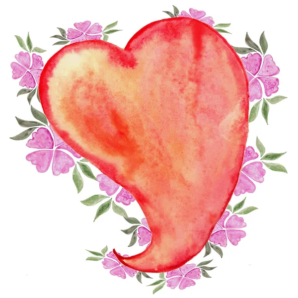 Aquarel Roze Valentijnsdag Hart Met Bloemen — Stockfoto